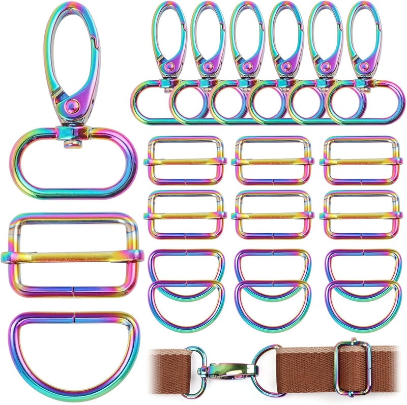 PECMER Rainbow Swivel Hardware Buckles D Ring Clasp Set 1" Lanyard Snap Hooks 18 Pcs Purse Bag Making Hardware for Purses Straps Bag Keychain DIY Craft Project 25mm - Image 1